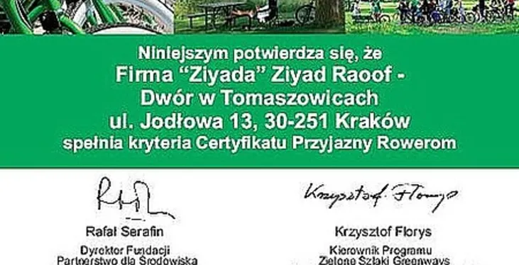 Krakowskie Centrum Konferencyjne Dwór w Tomaszowicach uzyskało certyfikat „Przyjazny rowerom – bike friendly”