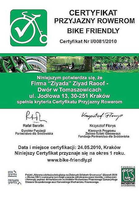 Krakowskie Centrum Konferencyjne Dwór w Tomaszowicach uzyskało certyfikat „Przyjazny rowerom – bike friendly”